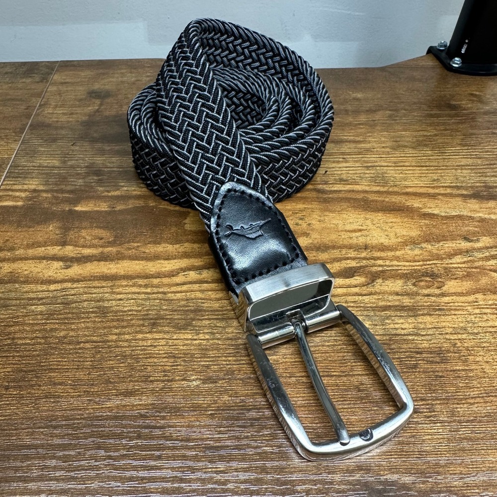 Tommy Bahama Mens Braided Stretch Belt Black Grey Leather Trim L/XL 38-42